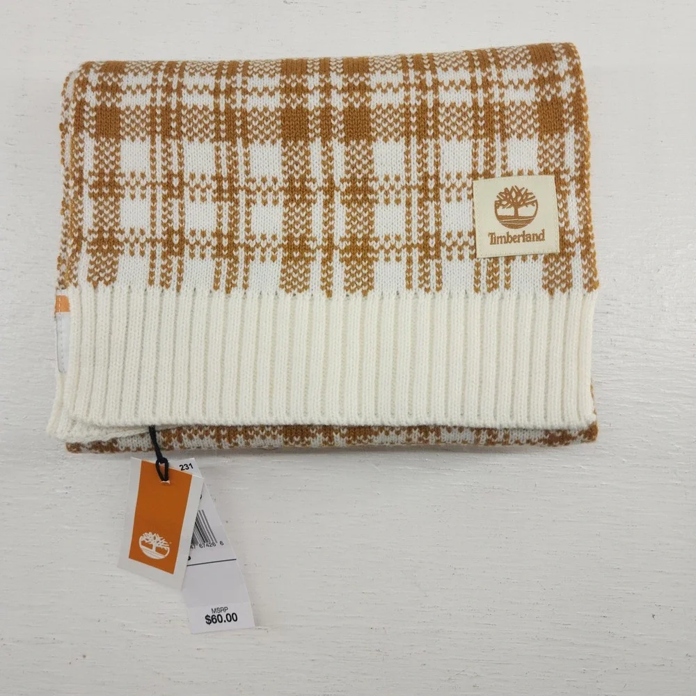 Timberland OS Wheat‎ White Plaid Knit Winter Scarf Outdoor Gorpcore Unisex